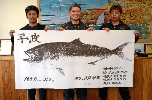 朝刊先読み 国内最大級 のヒラマサ魚拓 釣り場所の西ノ島町に寄贈 山陰中央新報デジタル
